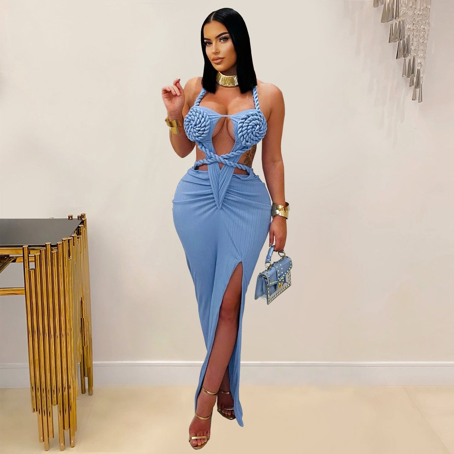 Women Wear Sexy Knitted Halter Backless Solid Color Dress