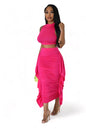 Two Piece Mock Neck Crop Top Ruched Fringed Skirt Set